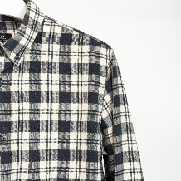A.P.C. Navy & White Plaid-Flannel Buttoned Shirt - Picture 4 of 10